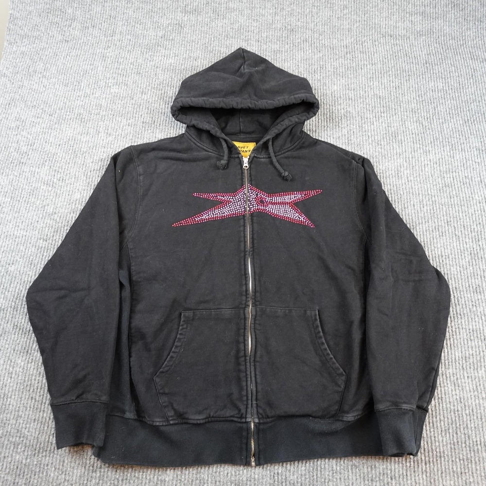 Carpet Company Star Hoodie Mens XL Black Fleece Full Zip Sweatshirt Rhinestone